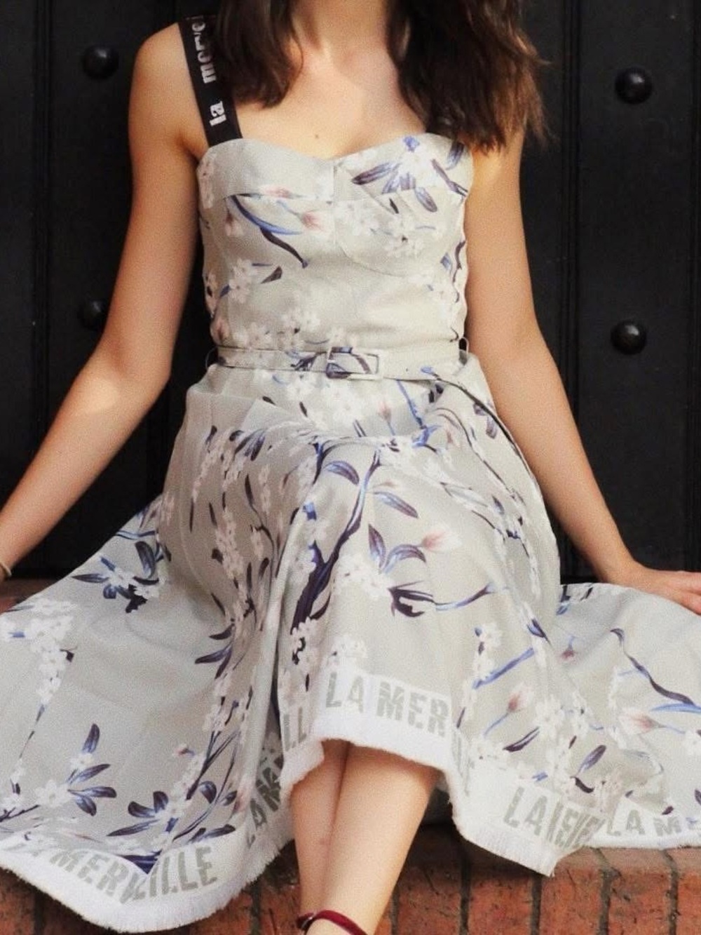 L'ATISTE by Amy Midi Floral Fit and Flare Dress with Contrasting Black Straps S